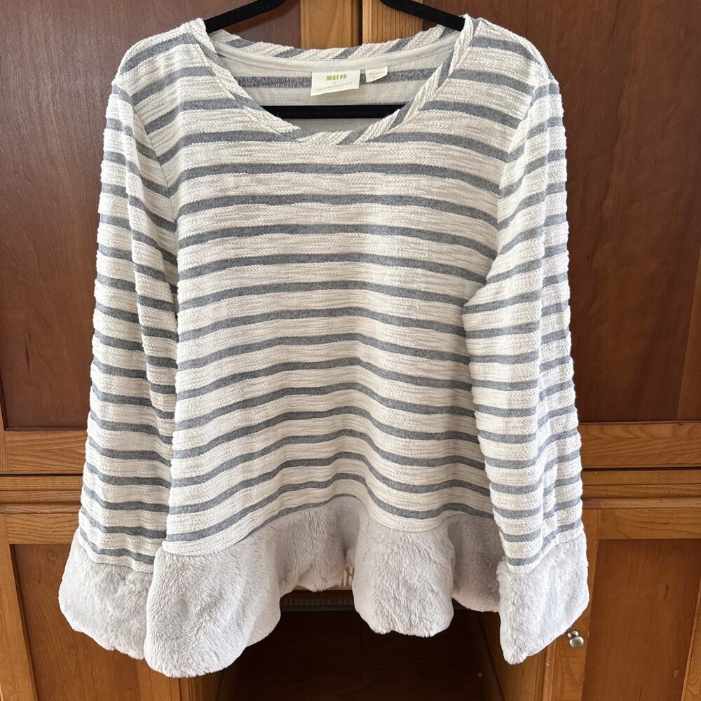 Maeve Anthropologie Sweater Women's White Gray Stripe Faux Fur Trim Crop Size XL
